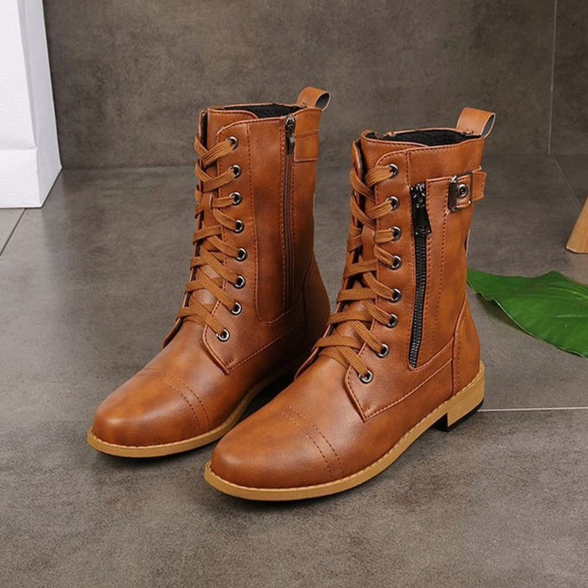 Women's Zip-On Mid Calf Lug Combat Boots with Buckle