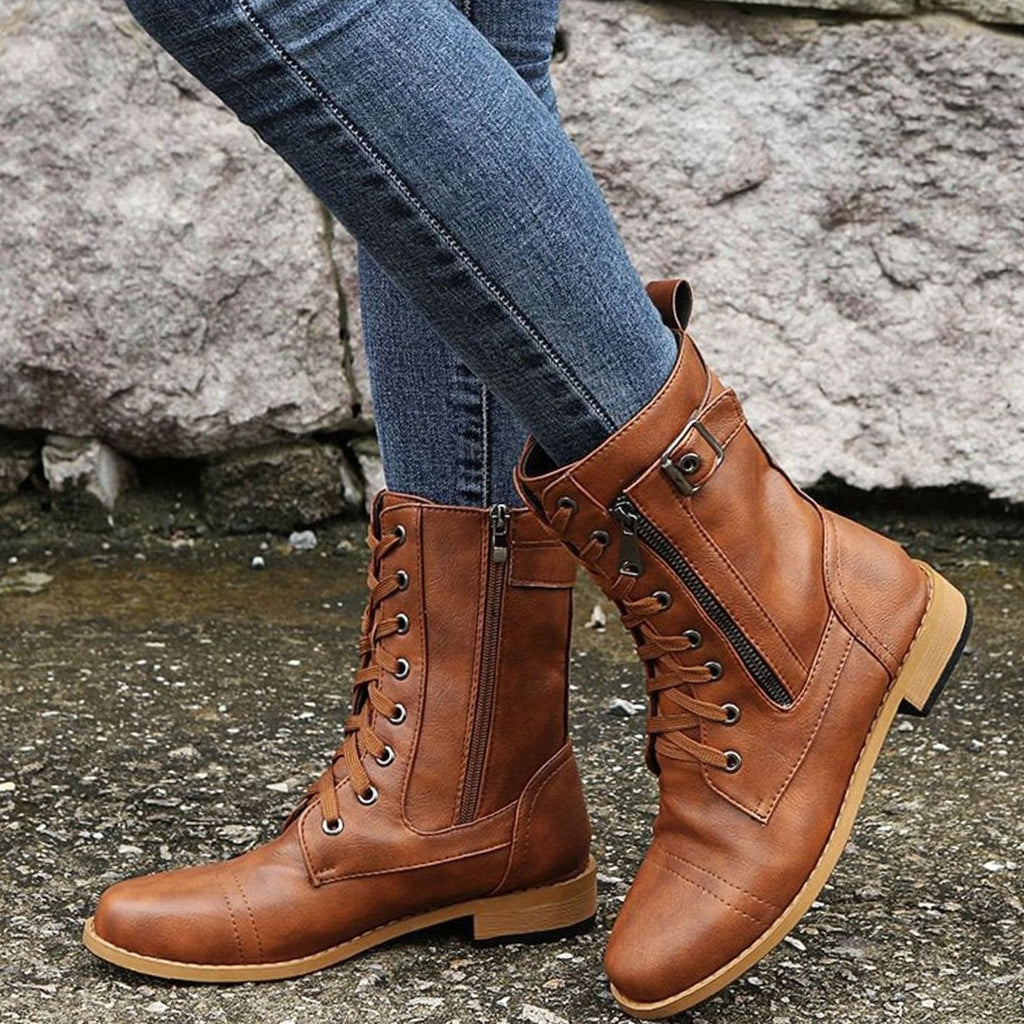 Women's Zip-On Mid Calf Lug Combat Boots with Buckle