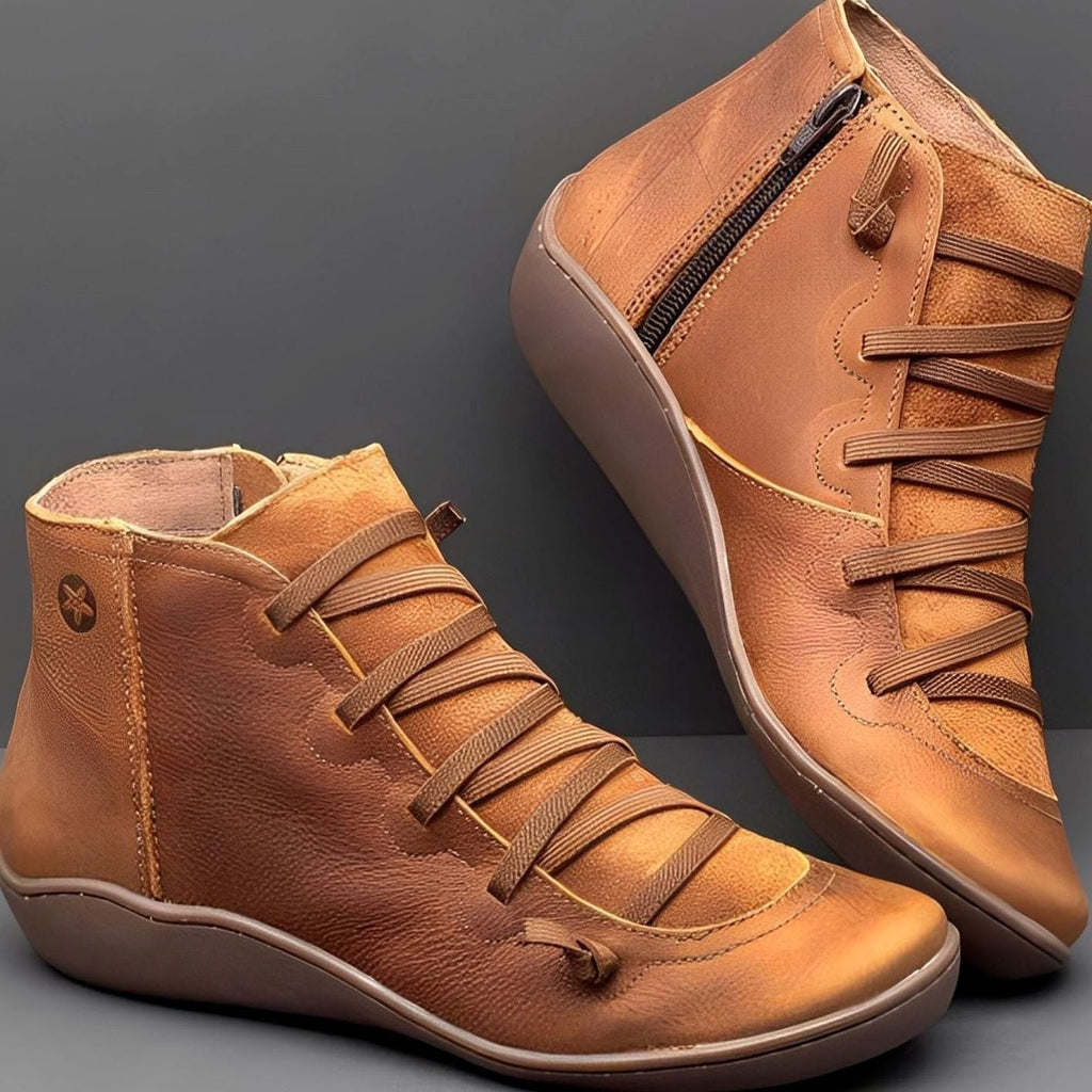 Women's Cross-Strap Lace-Up Casual Flat Zip Booties