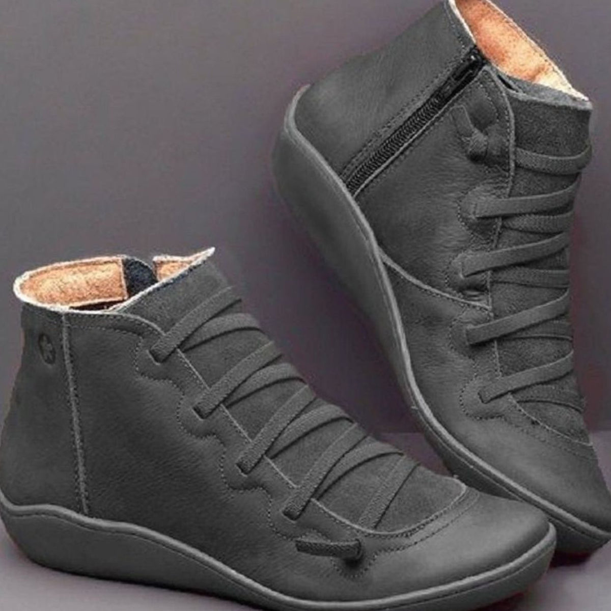 Women's Cross-Strap Lace-Up Casual Flat Zip Booties