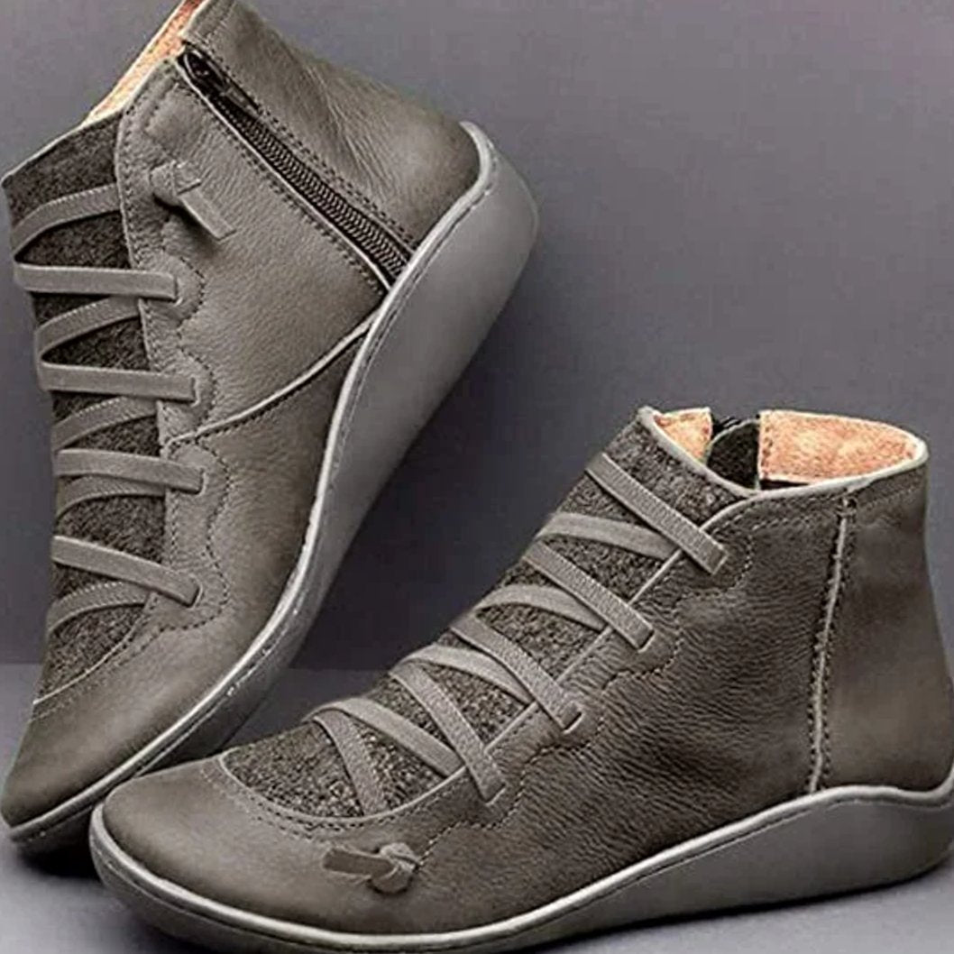 Women's Cross-Strap Lace-Up Casual Flat Zip Booties