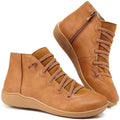 Women's Side Zip Lace Front Leather Flat Short Boots