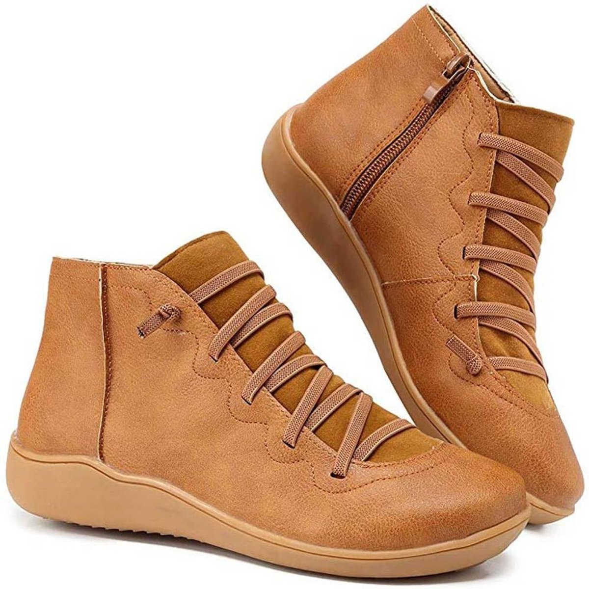 Women's Side Zip Lace Front Leather Flat Short Boots