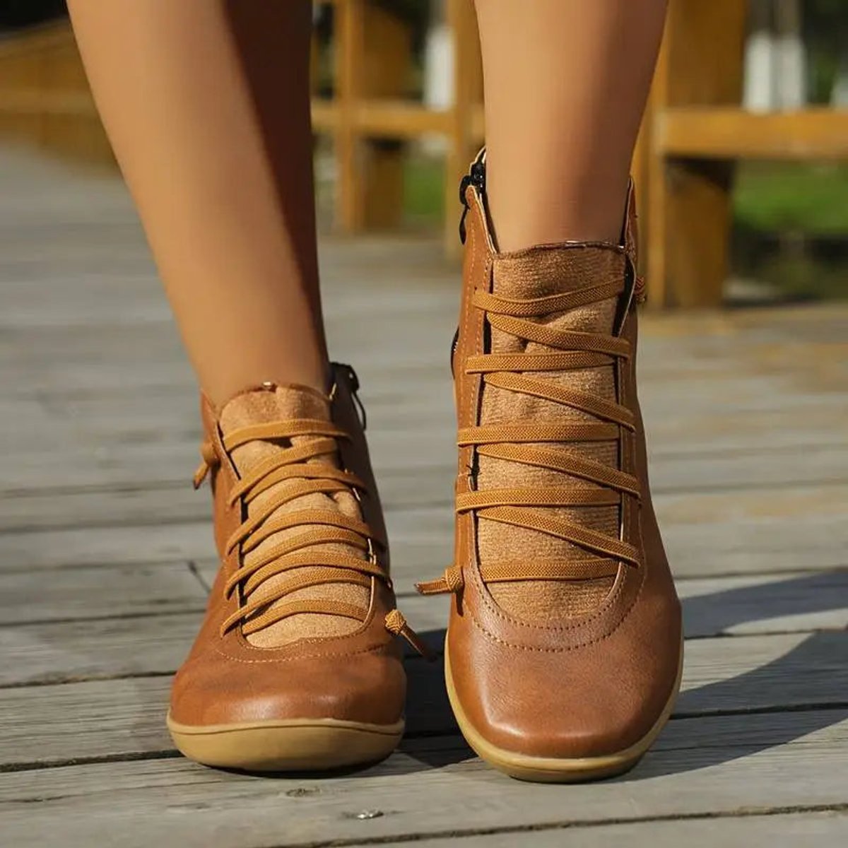 Women's Side Zip Lace Front Leather Flat Short Boots