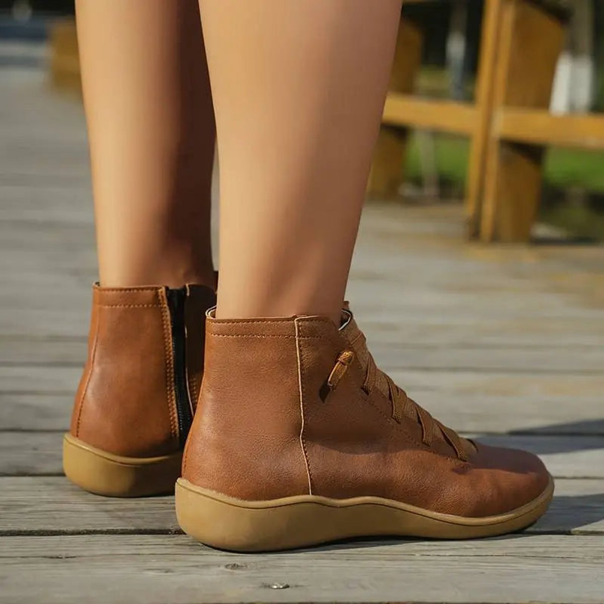 Women's Side Zip Lace Front Leather Flat Short Boots
