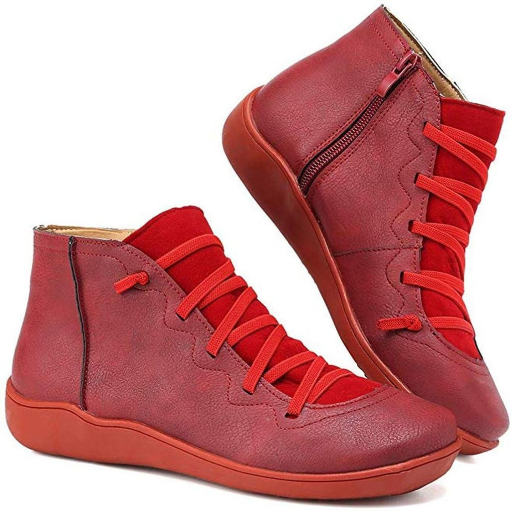 Women's Side Zip Lace Front Leather Flat Short Boots