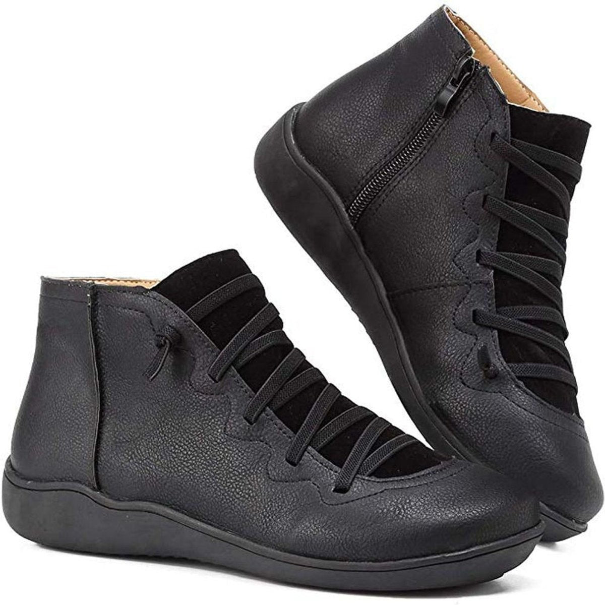 Women's Side Zip Lace Front Leather Flat Short Boots