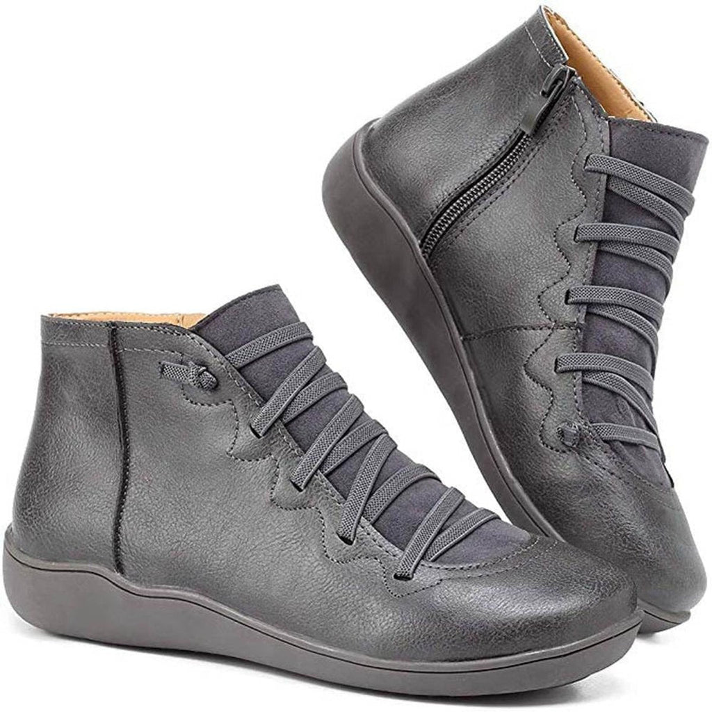 Women's Side Zip Lace Front Leather Flat Short Boots