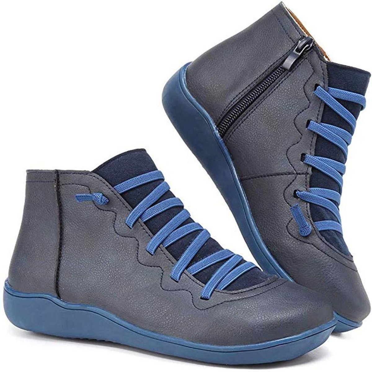 Women's Side Zip Lace Front Leather Flat Short Boots