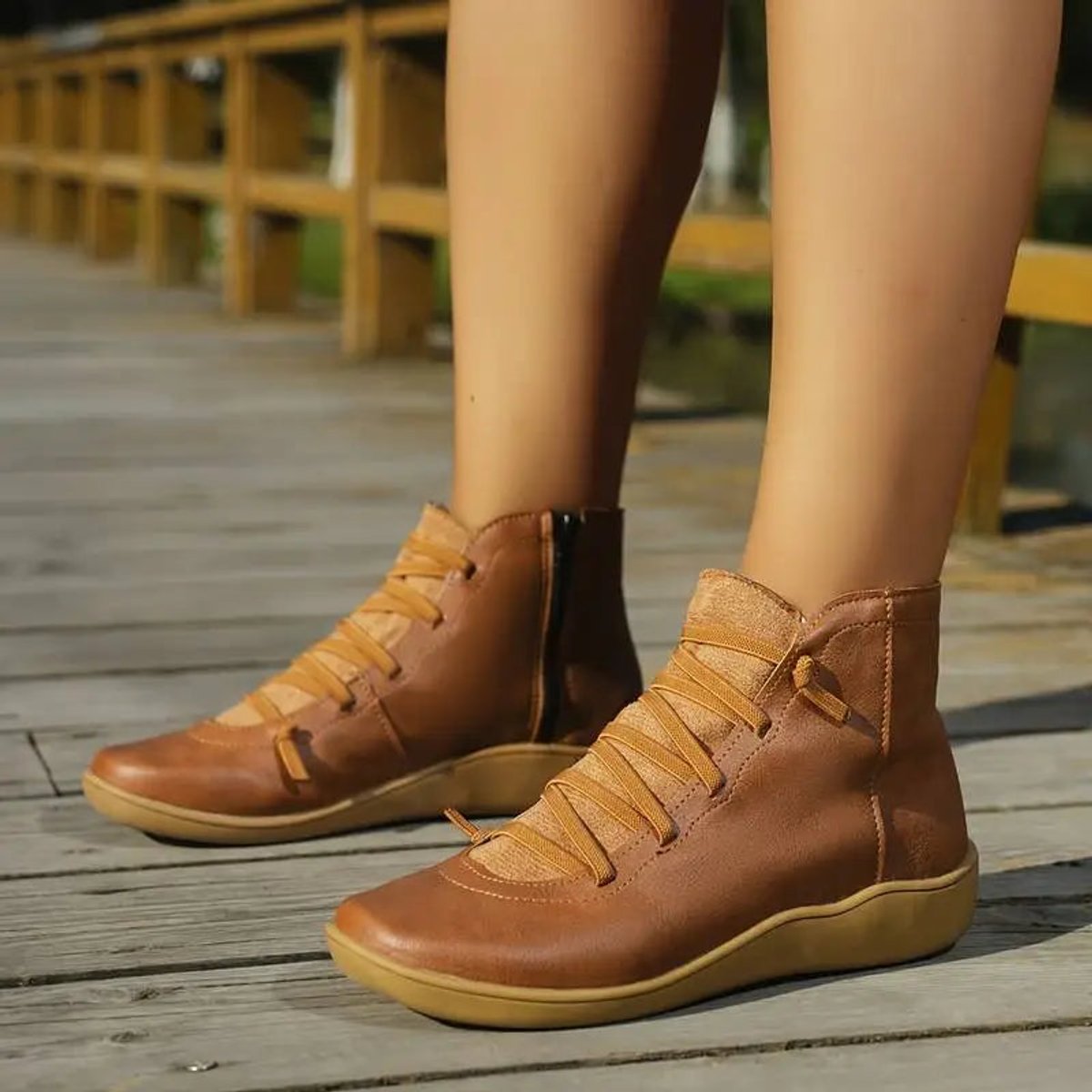 Women's Side Zip Lace Front Leather Flat Short Boots