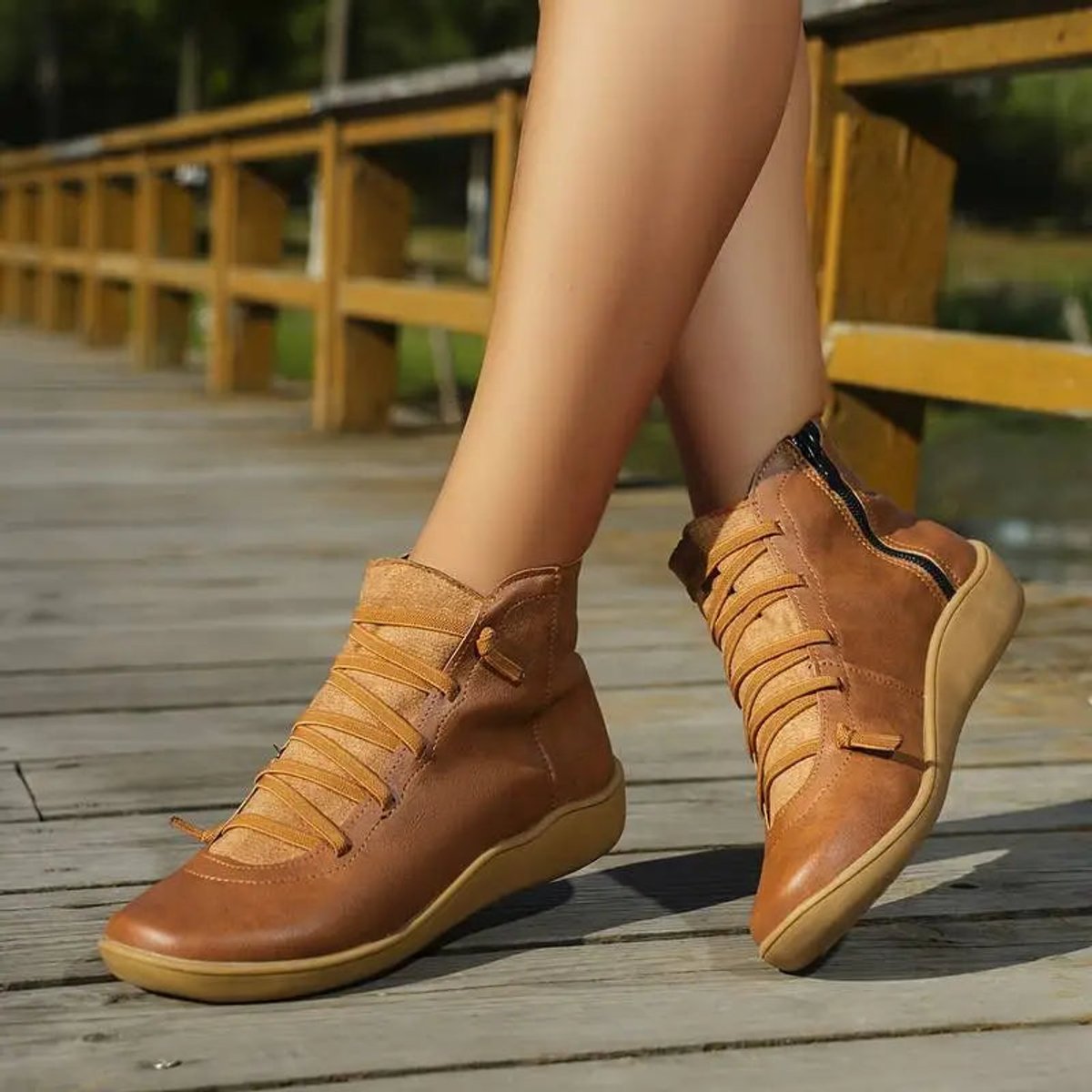 Women's Side Zip Lace Front Leather Flat Short Boots