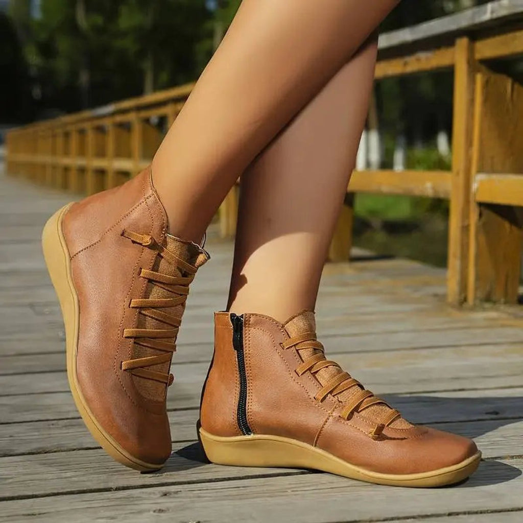 Women's Side Zip Lace Front Leather Flat Short Boots