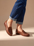 Women's Low Block Heel Leather Slip-On Penny Moccasins