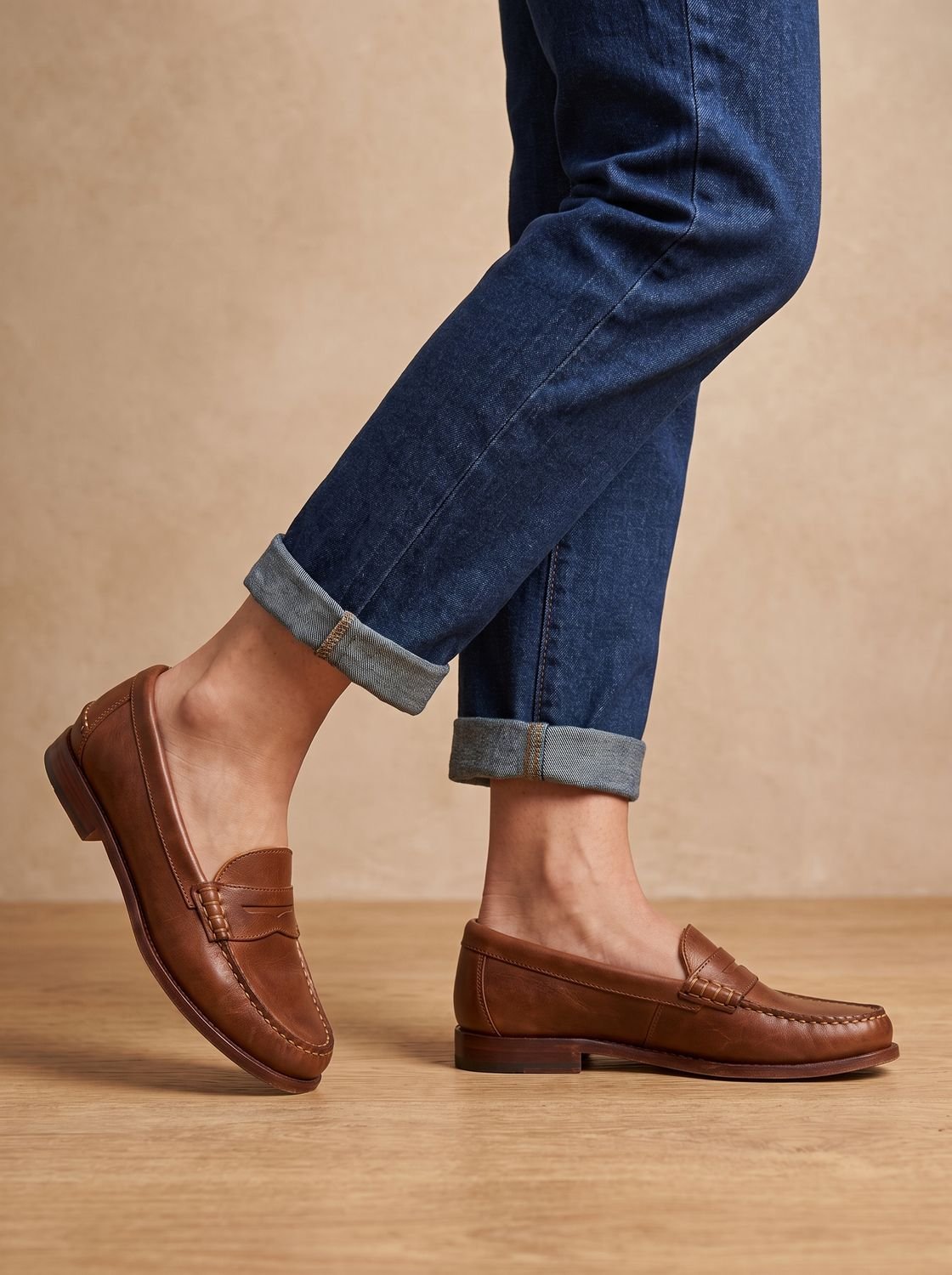 Women's Low Block Heel Leather Slip-On Penny Moccasins