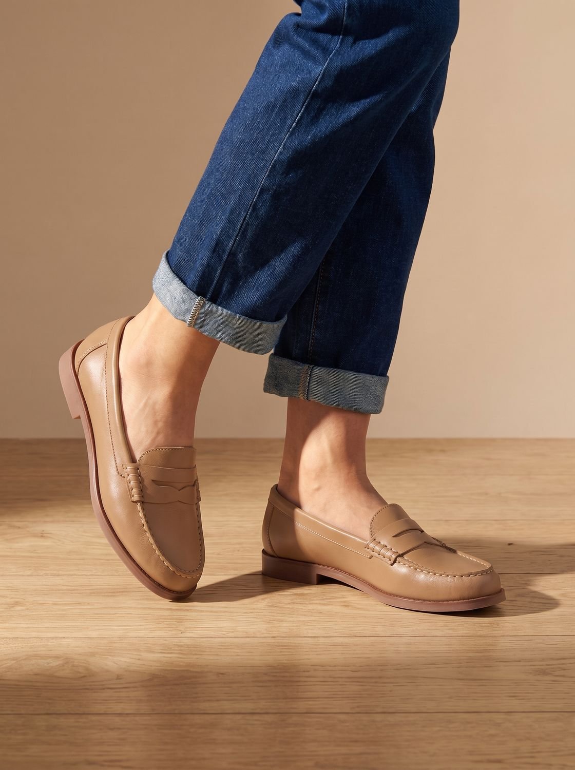 Women's Low Block Heel Leather Slip-On Penny Moccasins