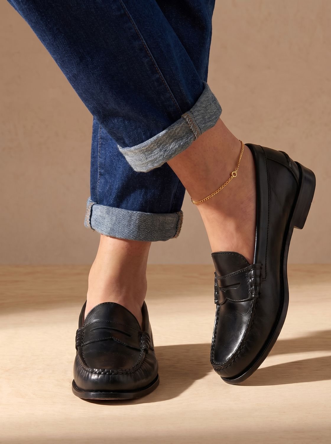 Women's Low Block Heel Leather Slip-On Penny Moccasins
