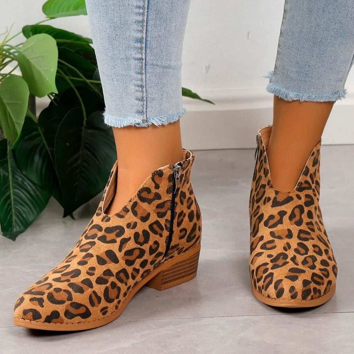 Women's Zip-Side Block Heel Animal Print Short Boots