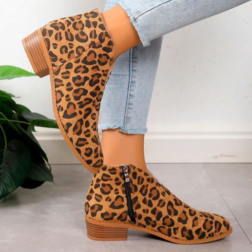 Women's Zip-Side Block Heel Animal Print Short Boots