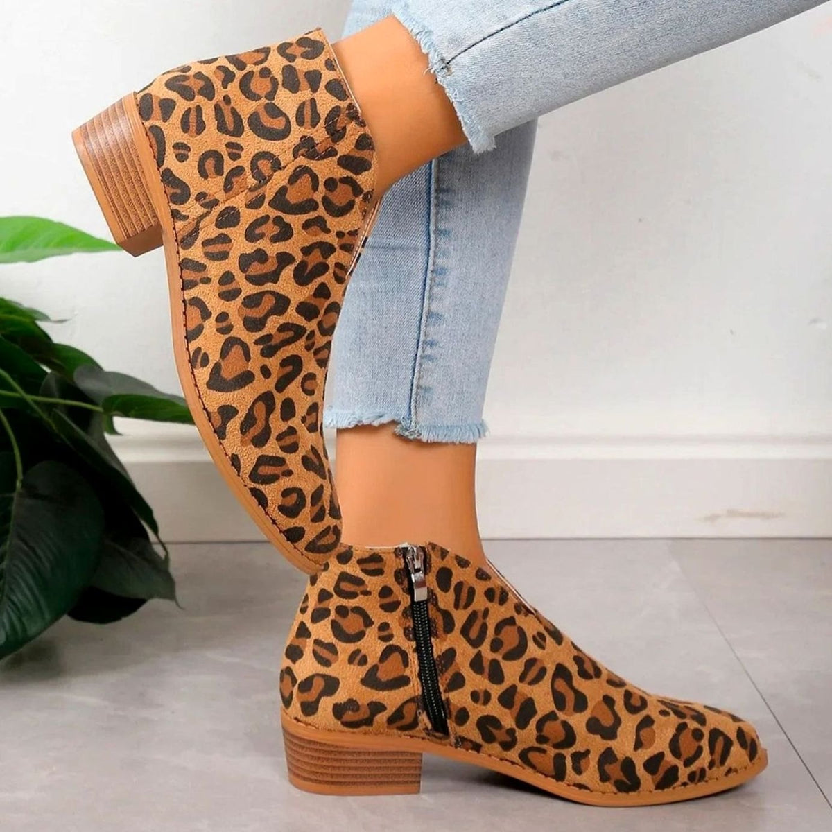 Women's Zip-Side Block Heel Animal Print Short Boots