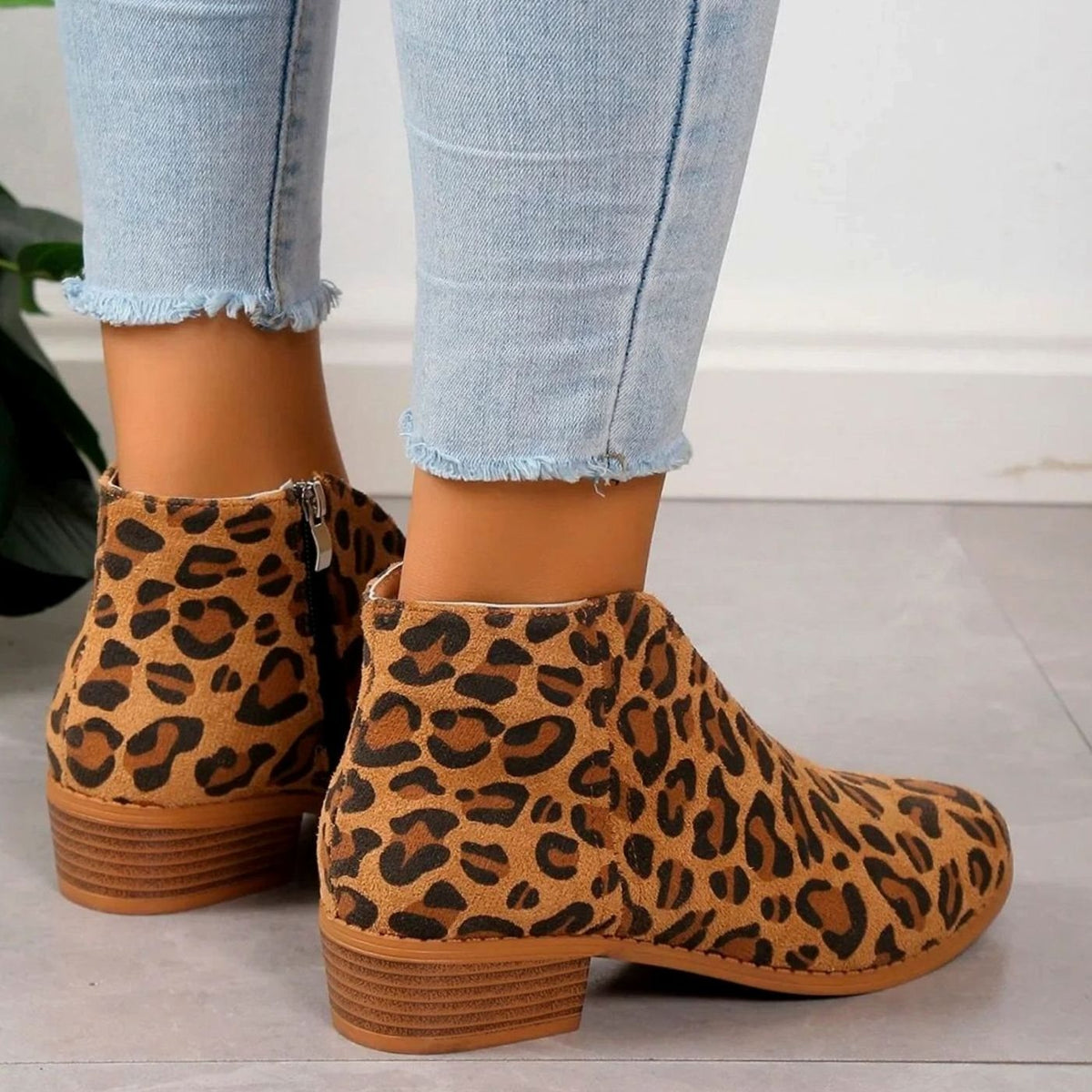 Women's Zip-Side Block Heel Animal Print Short Boots