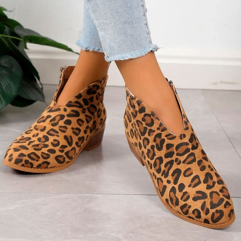 Women's Zip-Side Block Heel Animal Print Short Boots