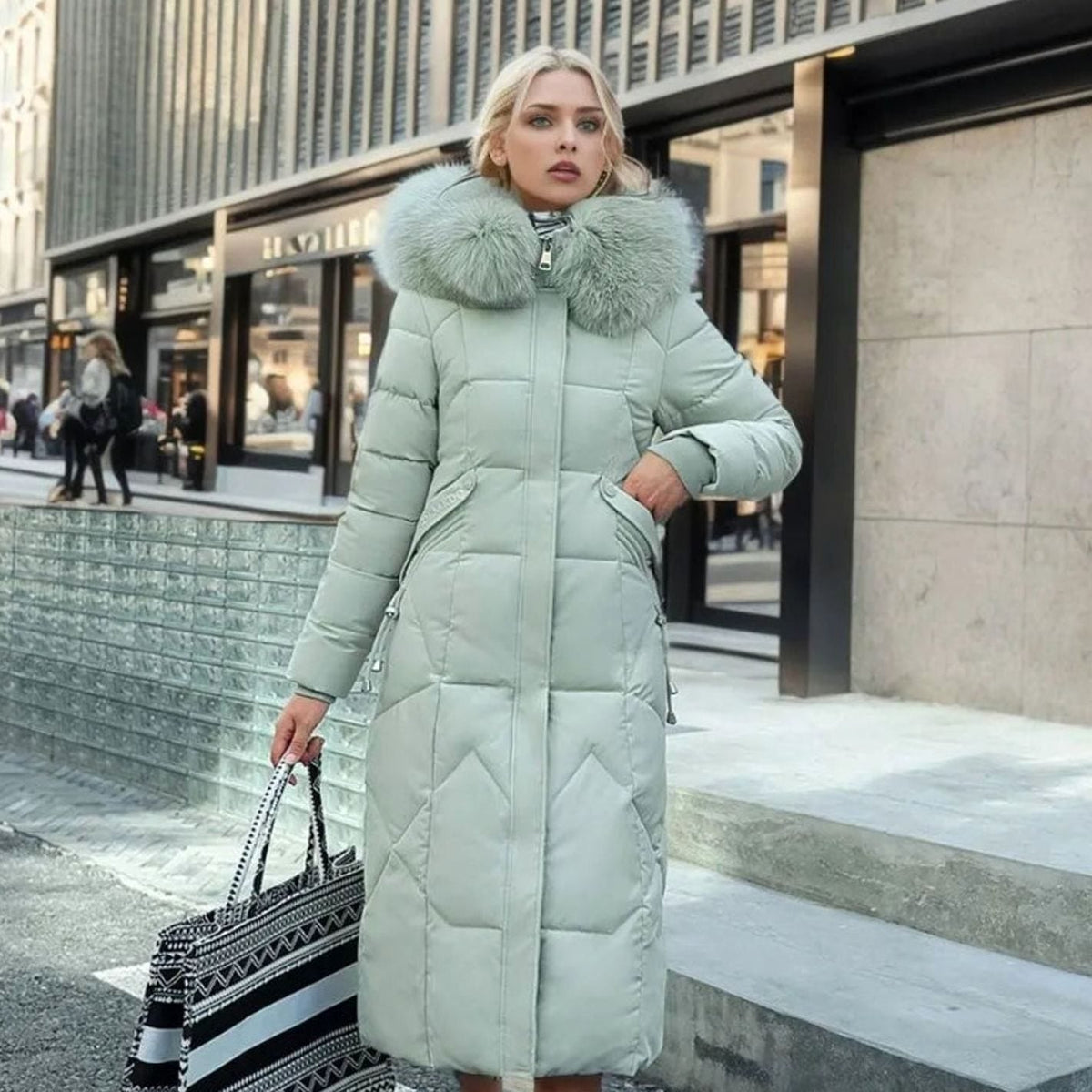 Women's Fur-Trimmed Hood Long Winter Coat