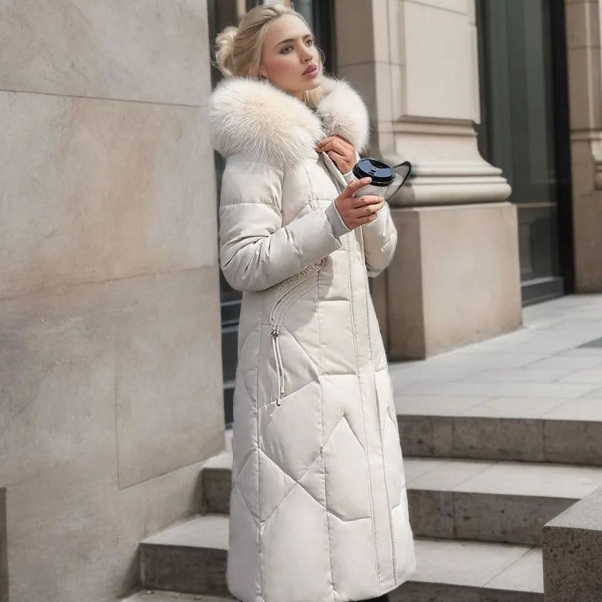 Women's Fur-Trimmed Hood Long Winter Coat