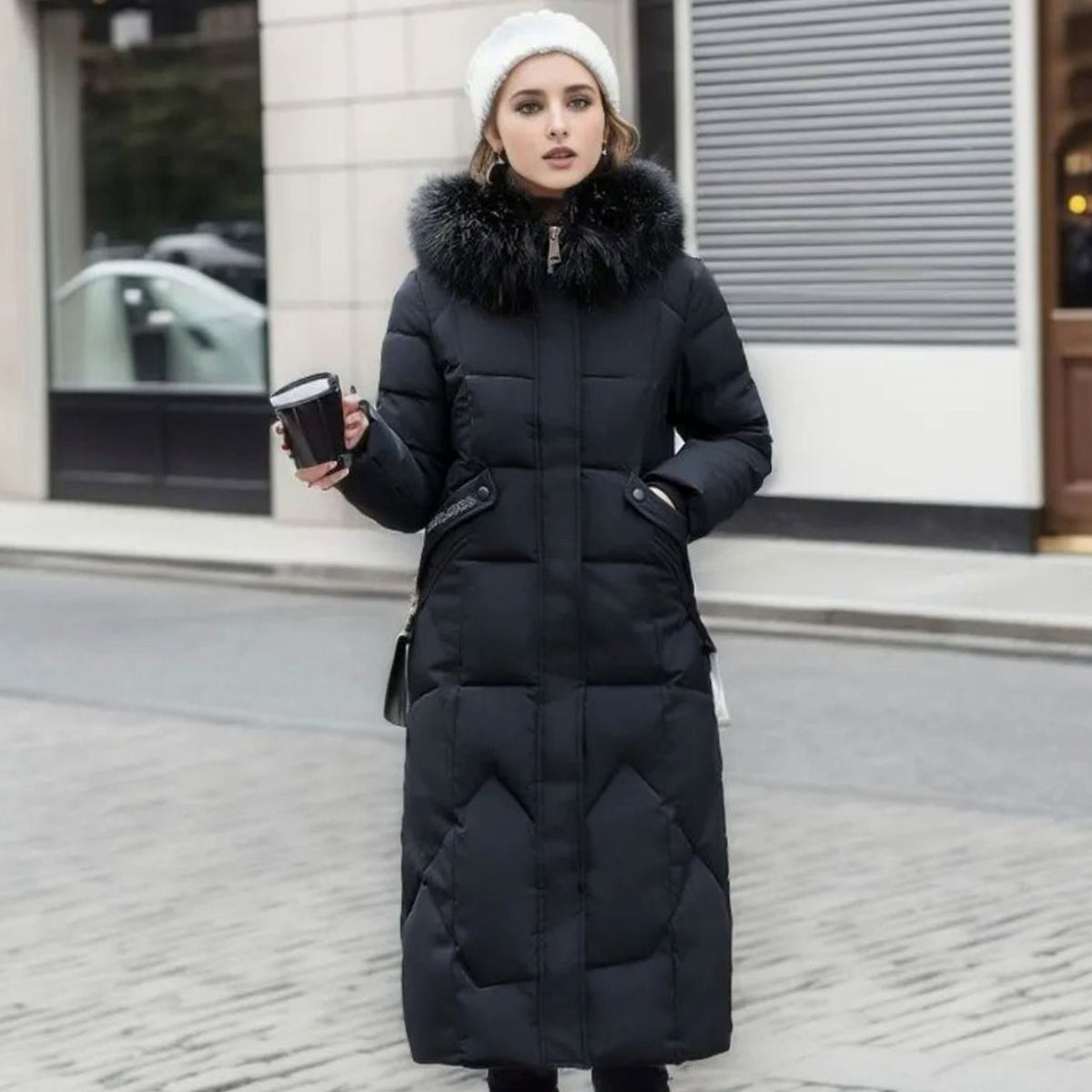 Women's Fur-Trimmed Hood Long Winter Coat