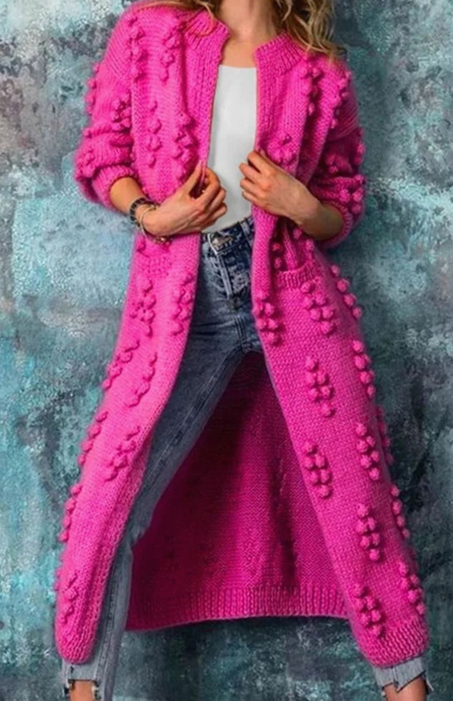 Women's Open-Front Ankle-Length Pom-Pom Sweater Coat