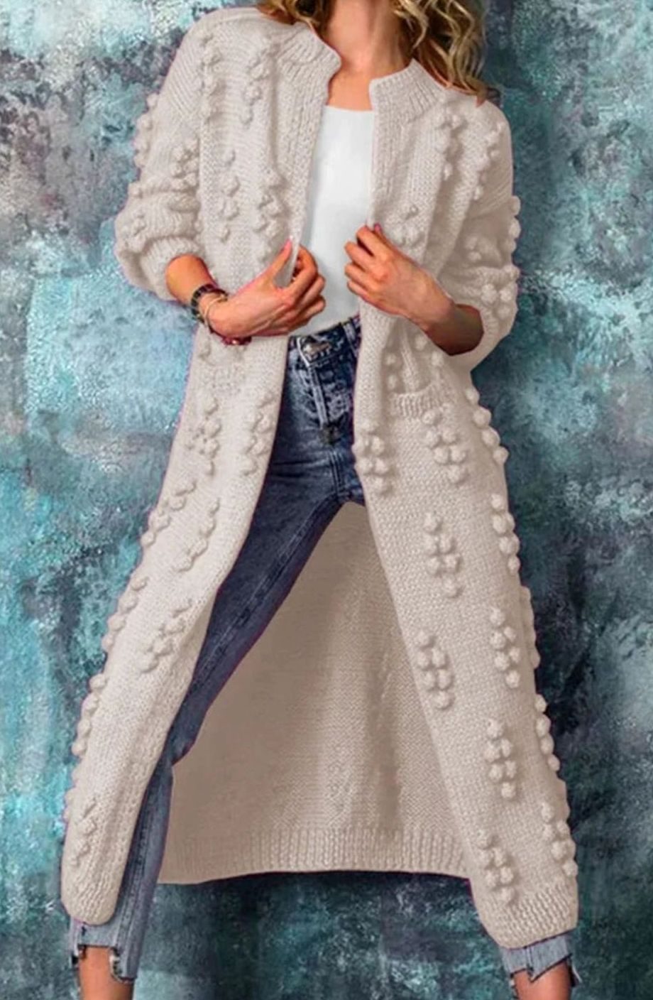 Women's Open-Front Ankle-Length Pom-Pom Sweater Coat