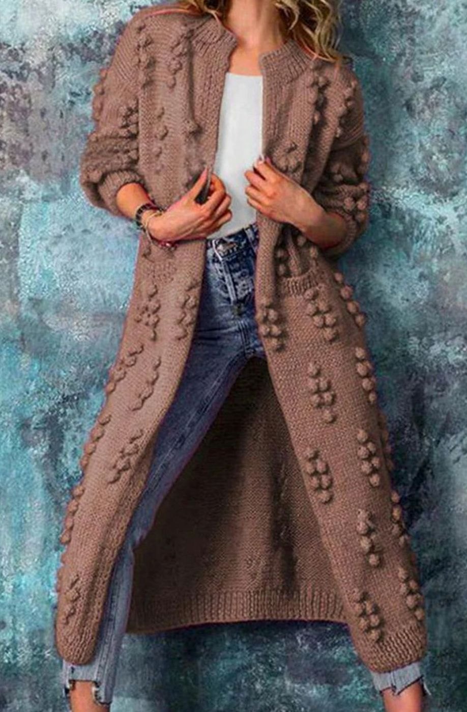Women's Open-Front Ankle-Length Pom-Pom Sweater Coat