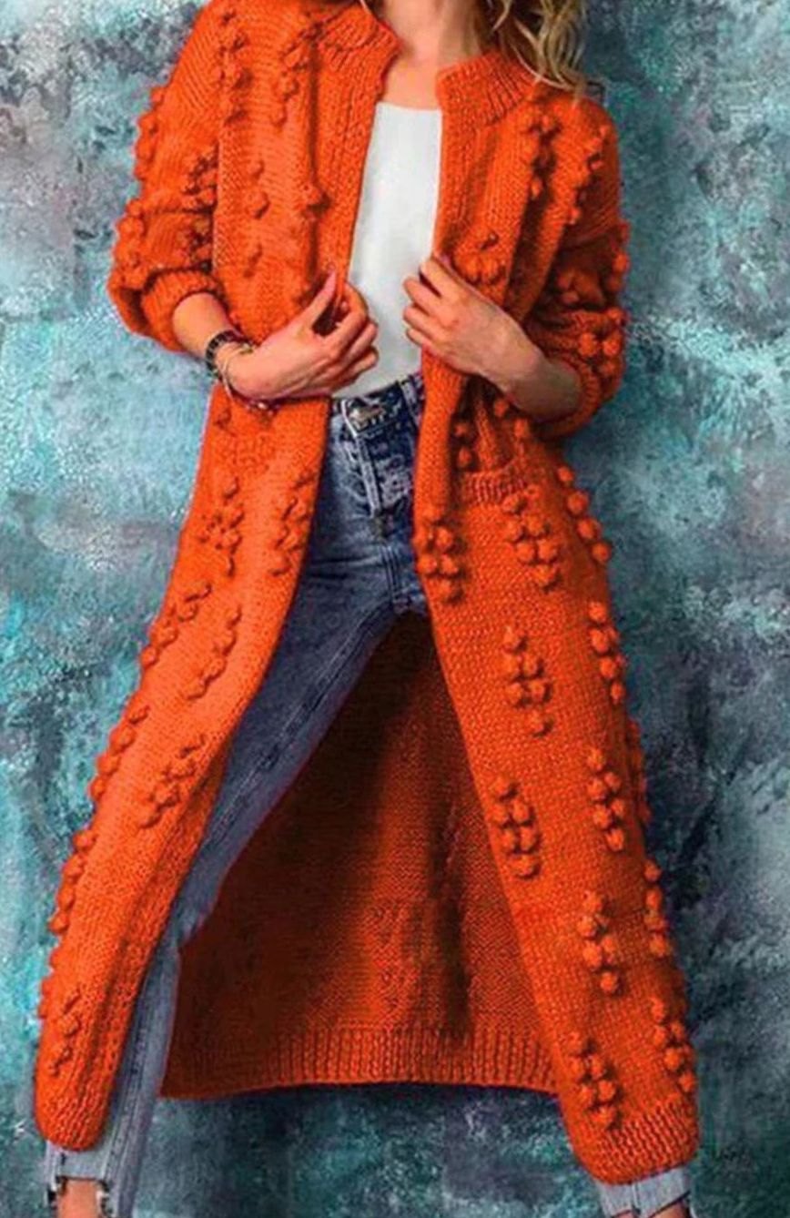 Women's Open-Front Ankle-Length Pom-Pom Sweater Coat