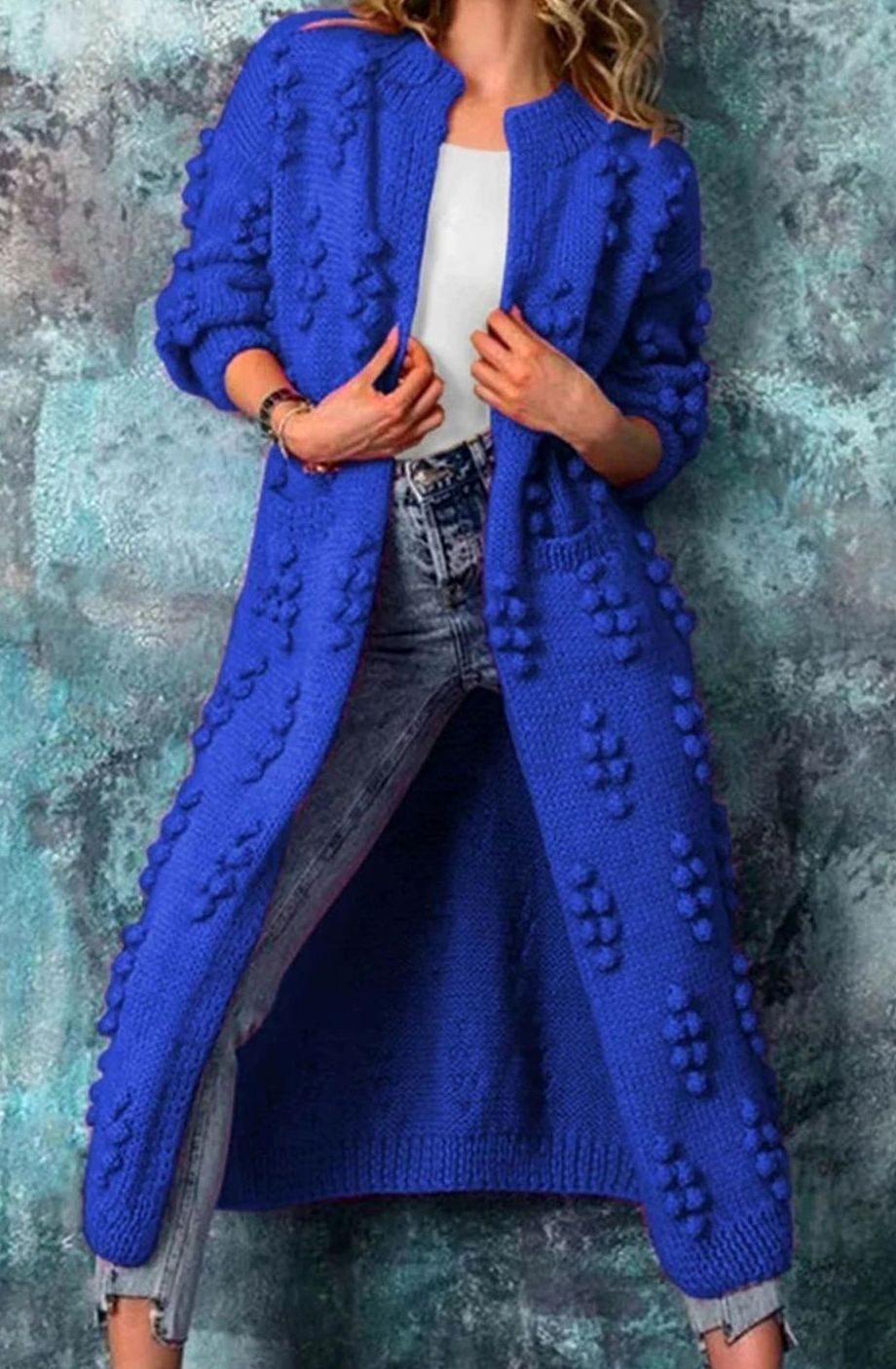Women's Open-Front Ankle-Length Pom-Pom Sweater Coat