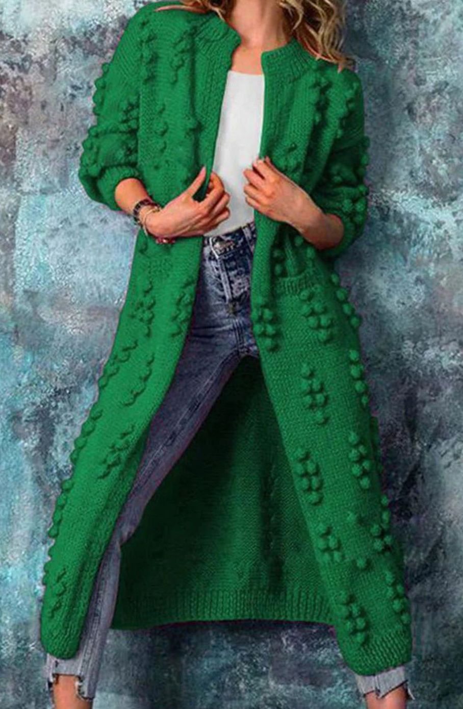 Women's Open-Front Ankle-Length Pom-Pom Sweater Coat