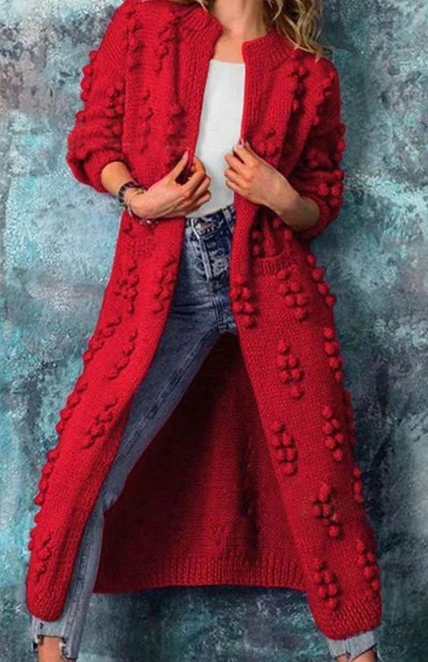 Women's Open-Front Ankle-Length Pom-Pom Sweater Coat