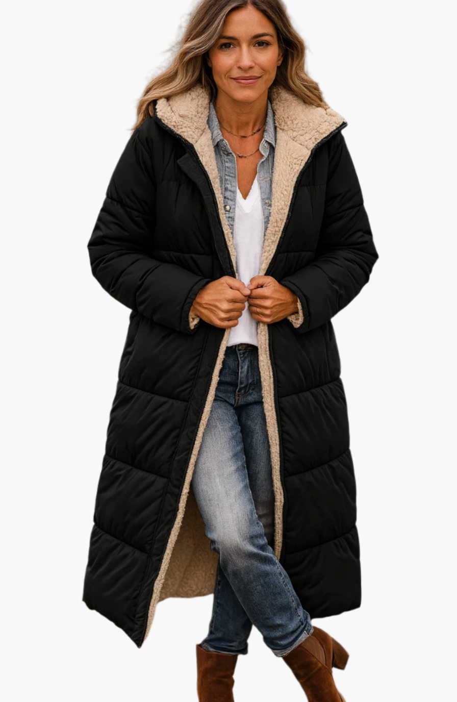 Women's Long Cardigan-Style Coat with Sherpa Lining