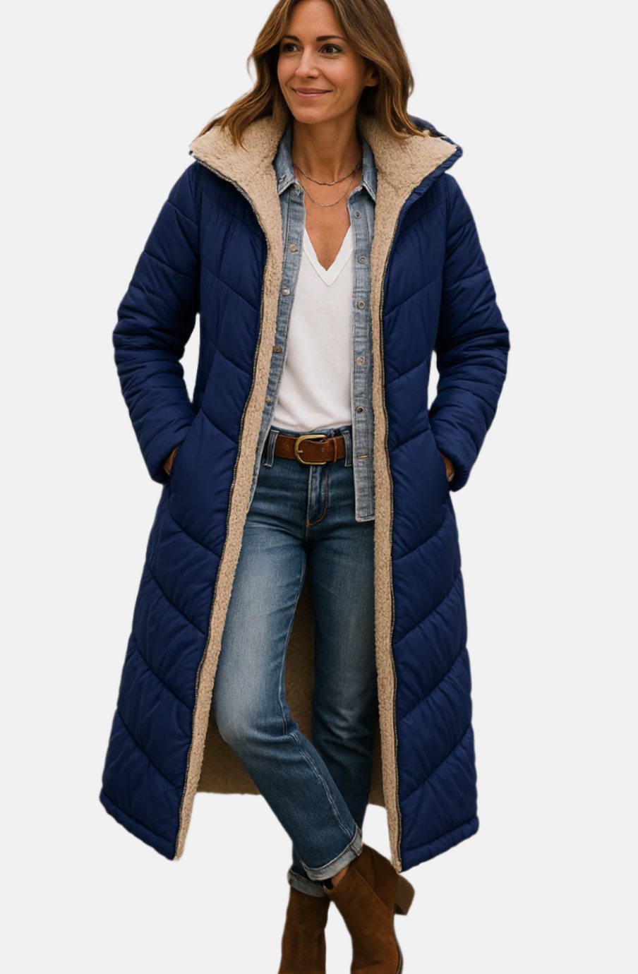 Women's Long Cardigan-Style Coat with Sherpa Lining