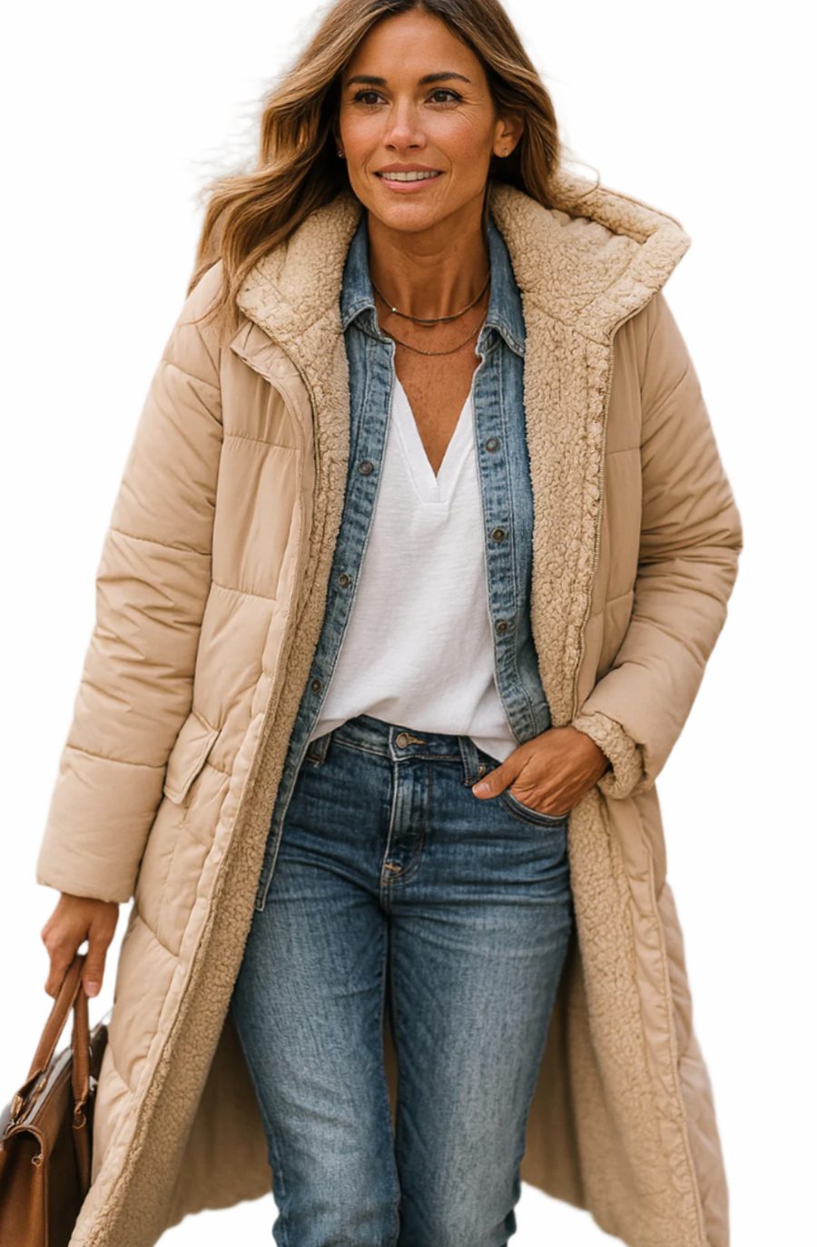 Women's Long Cardigan-Style Coat with Sherpa Lining