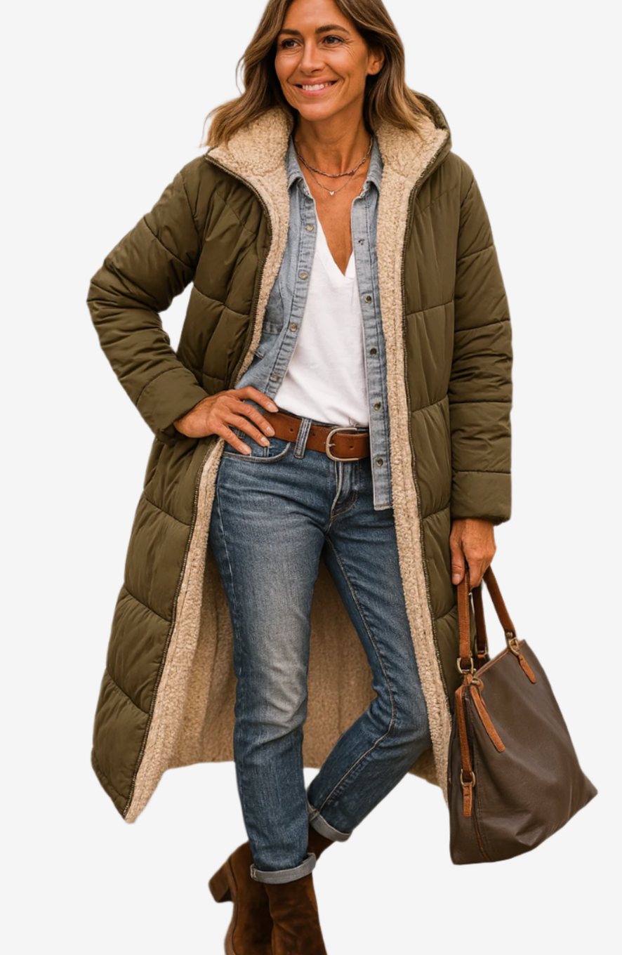 Women's Long Cardigan-Style Coat with Sherpa Lining