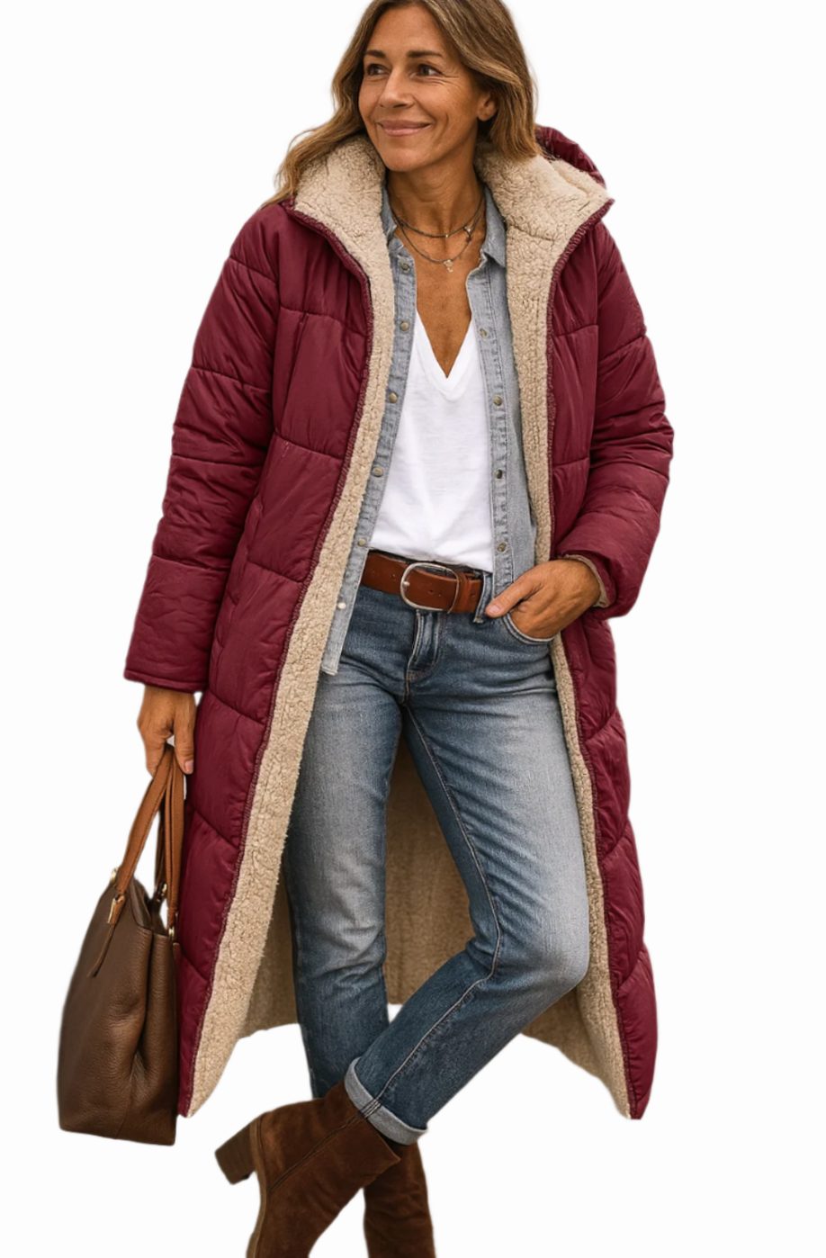 Women's Long Cardigan-Style Coat with Sherpa Lining