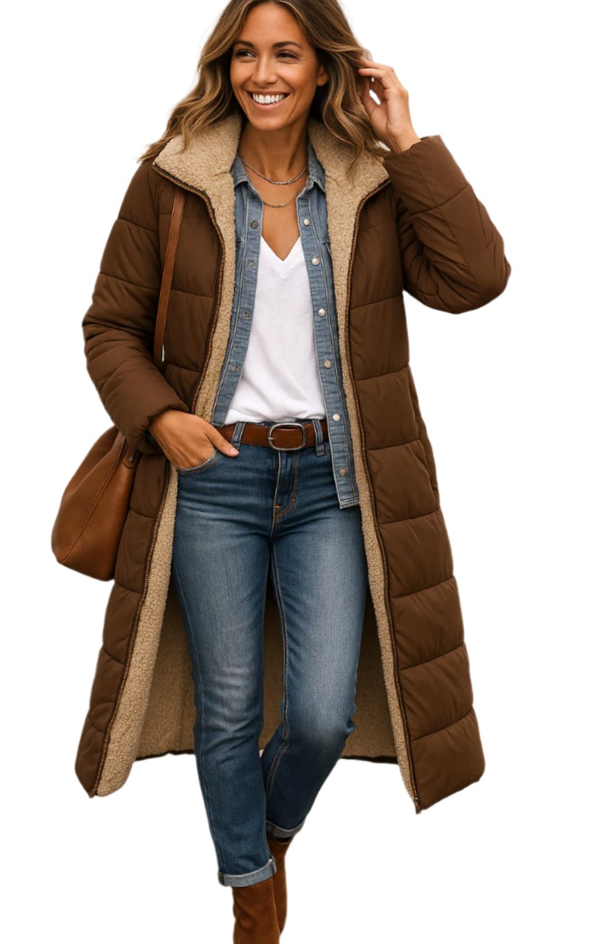 Women's Long Cardigan-Style Coat with Sherpa Lining
