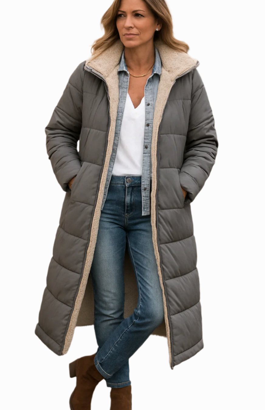 Women's Long Cardigan-Style Coat with Sherpa Lining
