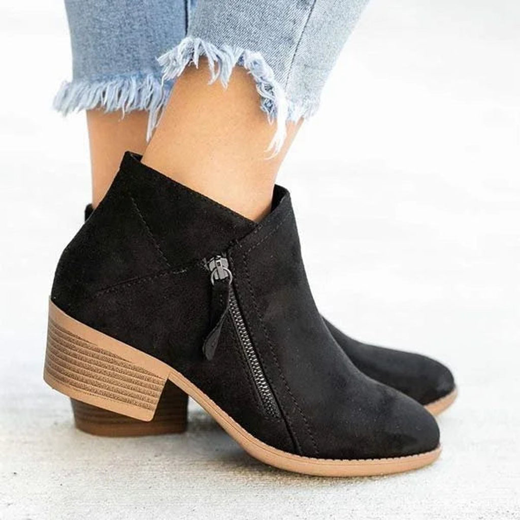 Women's Everyday Low-Heeled Suede Short Boots with Zip