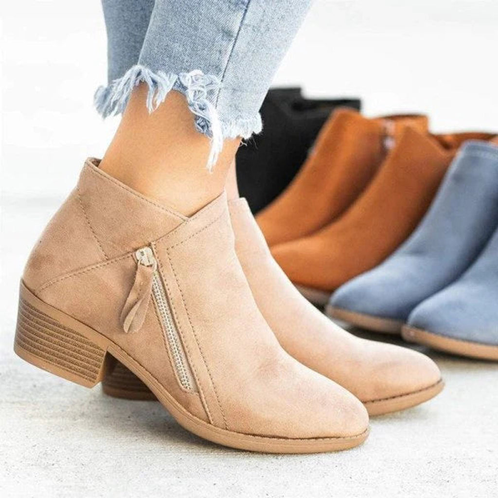 Women's Everyday Low-Heeled Suede Short Boots with Zip
