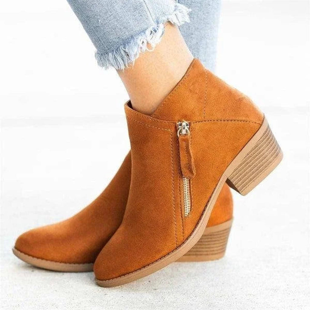 Women's Everyday Low-Heeled Suede Short Boots with Zip