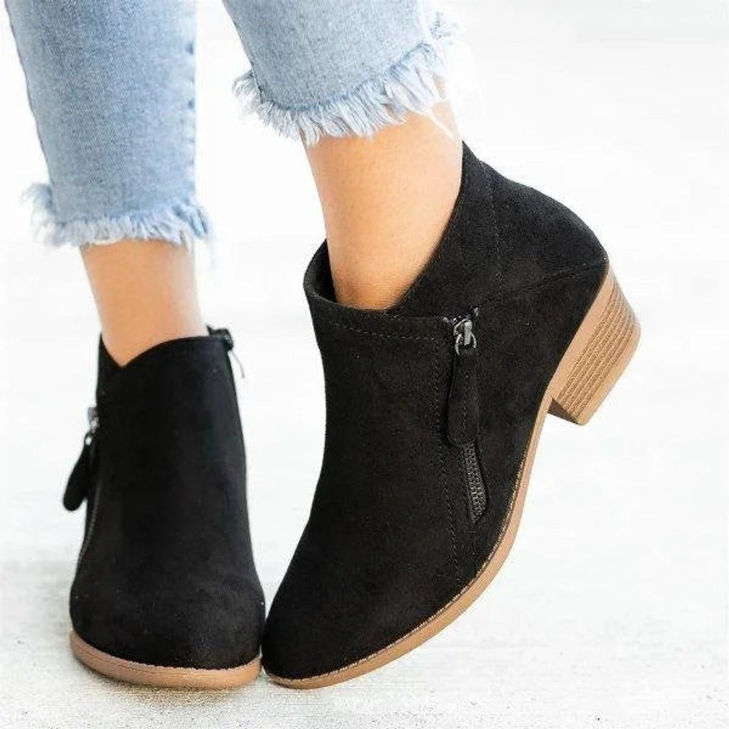 Women's Everyday Low-Heeled Suede Short Boots with Zip