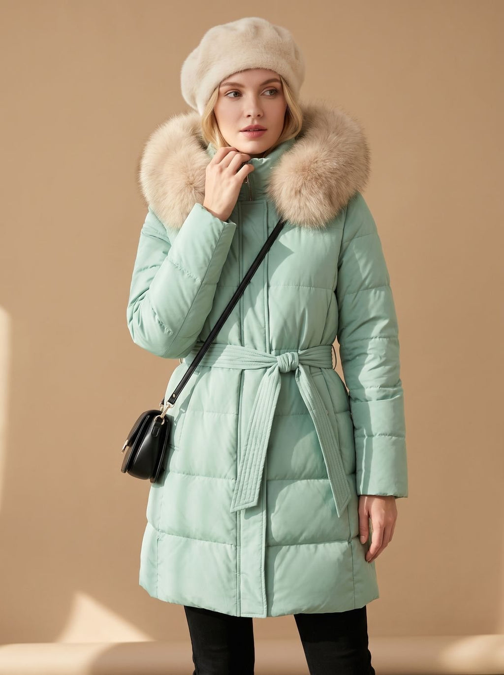 Women's Wind-Resistant Puffer Parka with Trimmed Hood