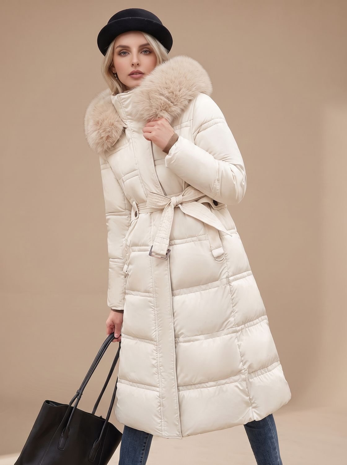 Women's Wind-Resistant Puffer Parka with Trimmed Hood