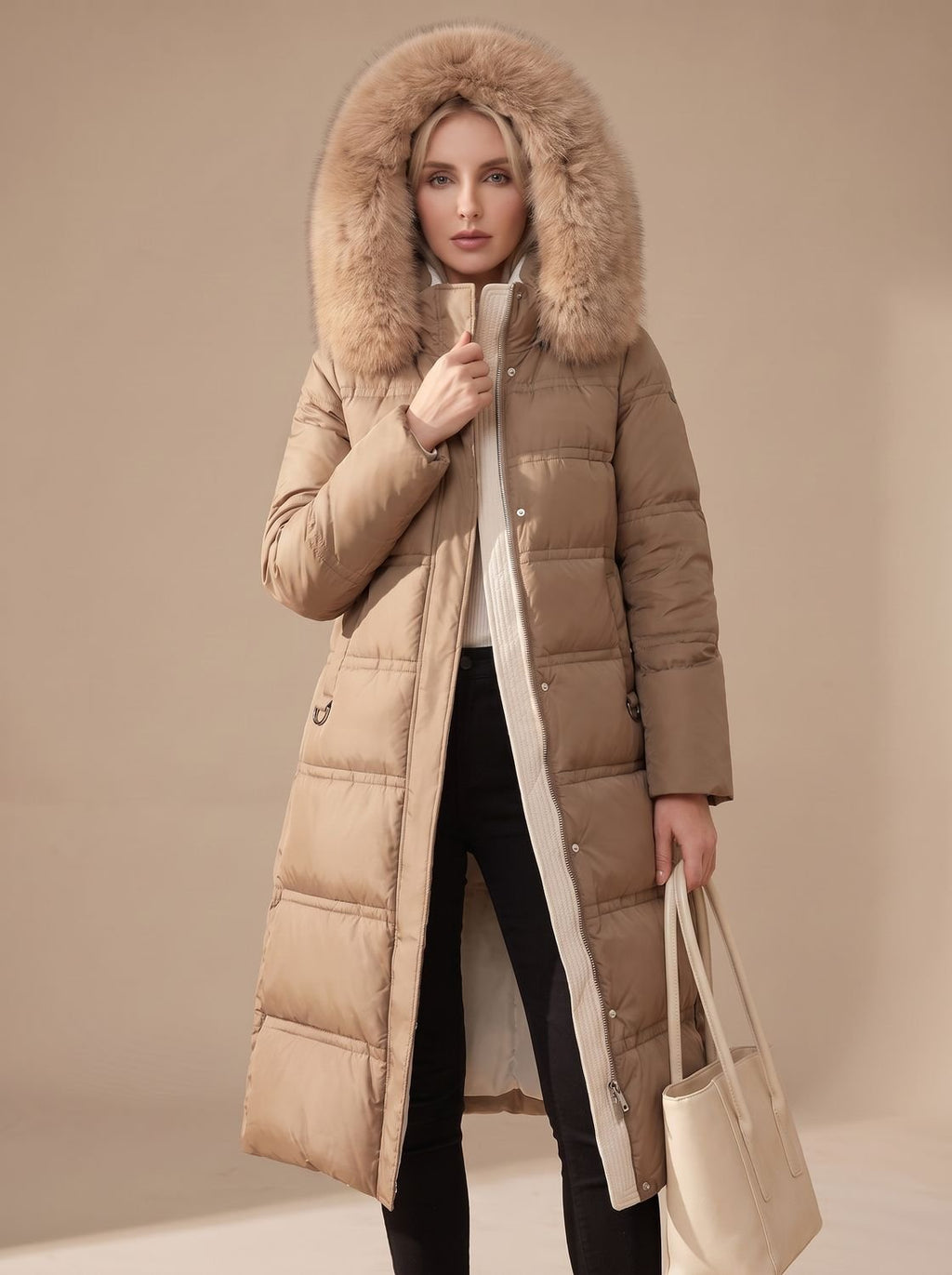 Women's Wind-Resistant Puffer Parka with Trimmed Hood