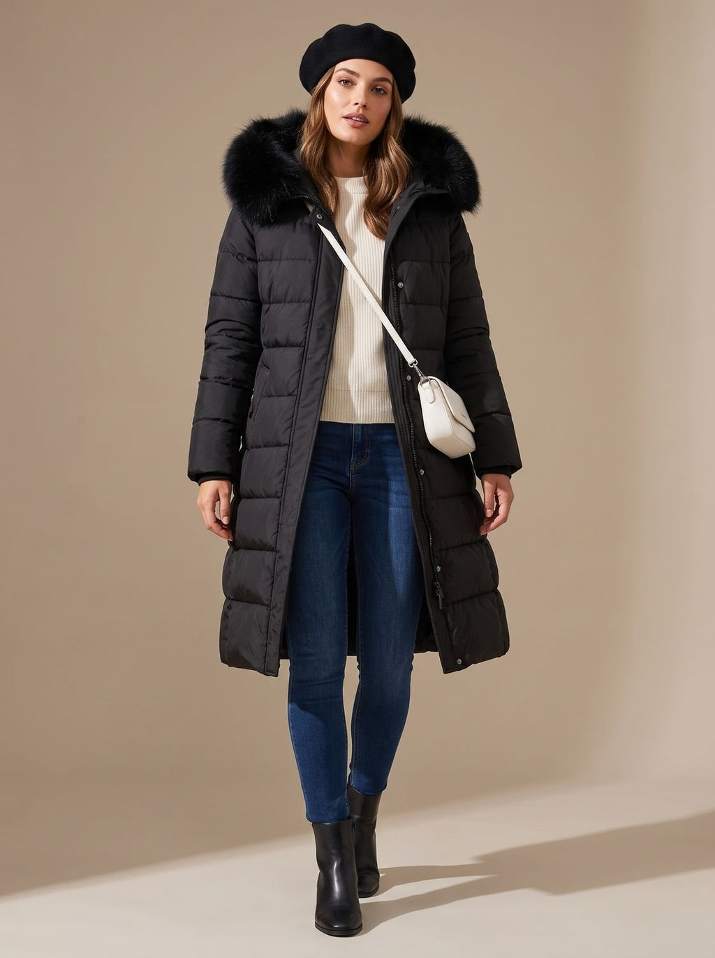 Women's Wind-Resistant Puffer Parka with Trimmed Hood